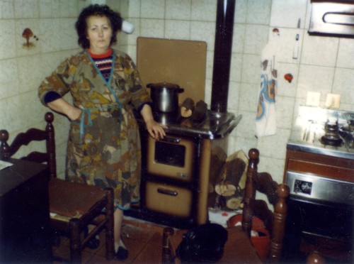 Donna in vestaglia in cucina poggiata al piano cottura