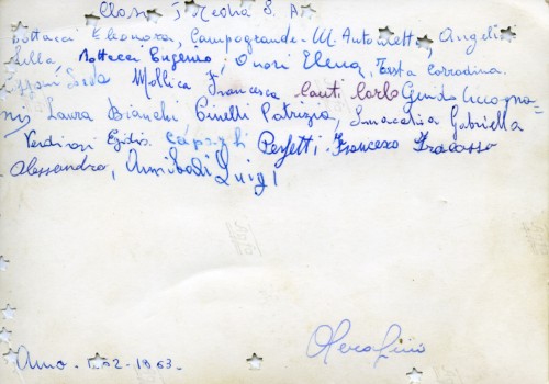 Retro con iscrizione a penna "Classe I Media ? A/bottacci Eleonora, Campogrande M. Antonietta, ??/, Bottacci Eugenio, Onori Elena, Testa Corradina,/??,Mollica Francesca. Canti Carlo, Guido Ciccognani,/Laura Bianchi, ? Patrizia, Smacchia Gabriella,/Verdirosi Egidio, ?, Perfetti Francesco, Fracassa/ Alessandro, Annibali Luigi/?/Anno 1962-1963
