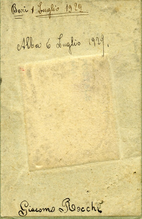 Retro con iscrizione a penna “ Bari 1 luglio 1929/ Alba 6 luglio 1929/ Giacomo Rocchi”