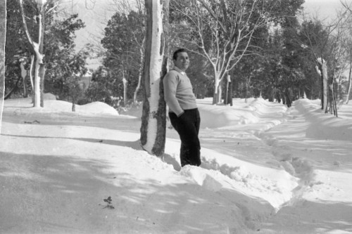 Uomo poggiato ad un albero con la neve